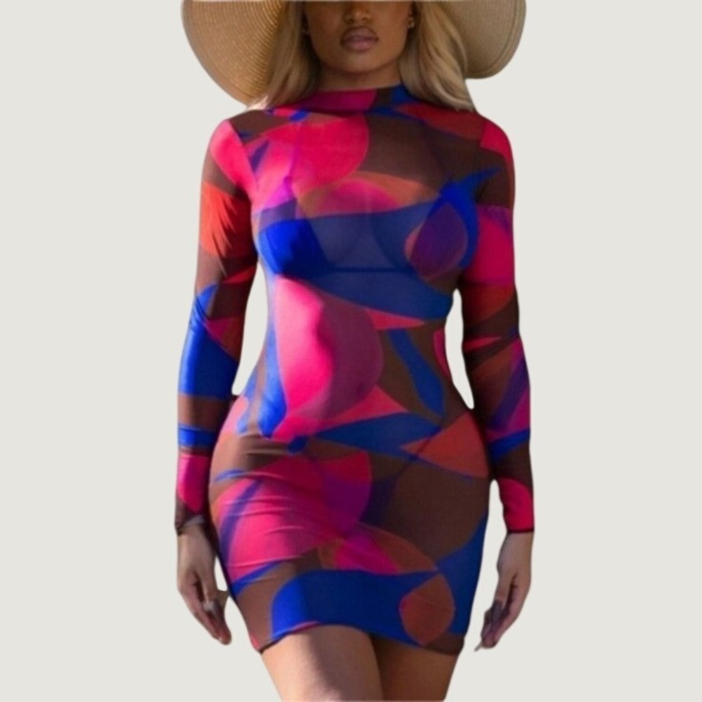 Matte Collection Dillon Mesh Swim Cover Up Dress Abstract Pink Blue Bodycon XL